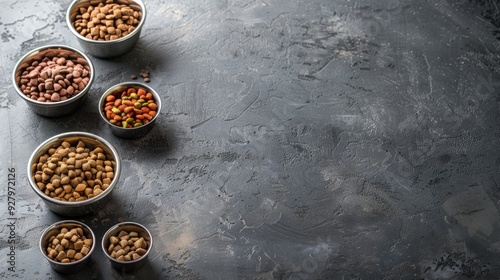 Varieties of cat food arranged in bowls on a grey surface with empty area for text