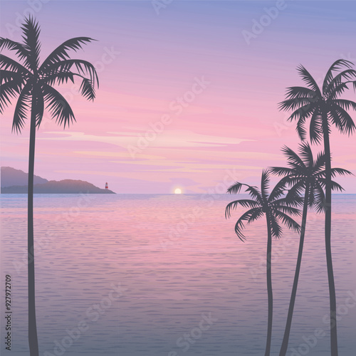 Minimalist seascape with silhouetted palm trees, mountain ranges, sunset and twilight sky square background graphic illustration have blank space.