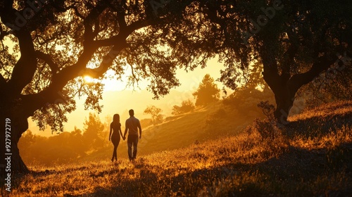 Silhouettes of a couple walking in a golden sunset.