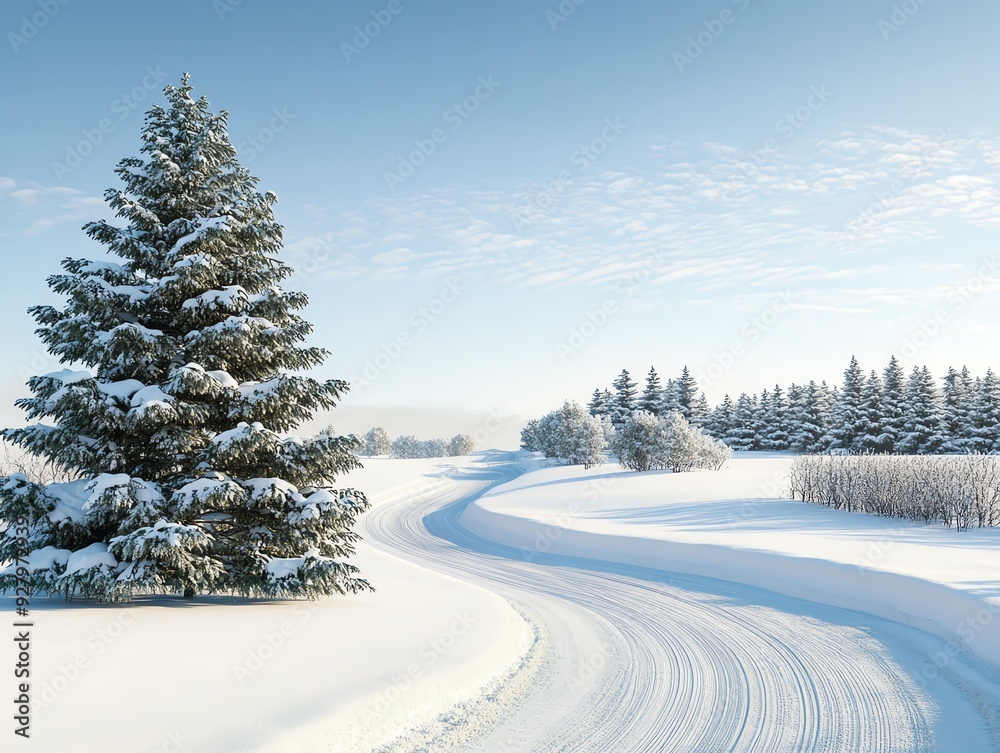 A serene winter landscape featuring snow-covered trees and a winding path under a clear blue sky. A serene winter landscape featuring snow-covered trees and a winding path under a clear blue sky.
