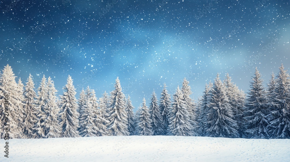 Naklejka premium Snowy Forest with a Starry Sky.