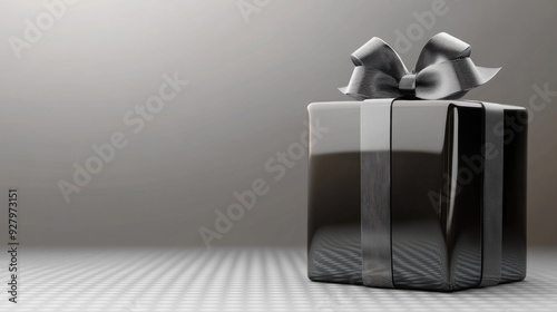 Glass black gift box with silver ribbon displayed in gray on background. Concept of glass elements, glass morphing, elegance and celebration