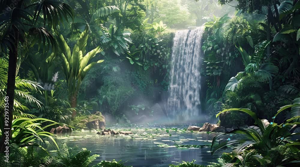 An awe-inspiring waterfall cascading down rugged cliffs into a serene pool, surrounded by lush greenery and dramatic rock formations Seamless looping 4k time-lapse virtual video animation Generated AI An awe-inspiring waterfall cascading down rugged cliffs into a serene pool, surrounded by lush greenery and dramatic rock formations Seamless looping 4k time-lapse virtual video animation Generated AI