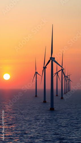 Wind Power. Offshore Wind Turbines at Sunset. Environmental Electricity Concept isolated with white highlights, png photo