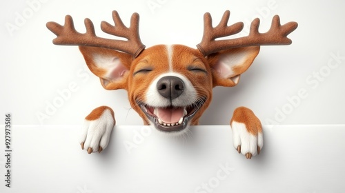 A cheerful dog with antlers peeks over a white background, radiating joy and playfulness, perfect for holiday themes. photo