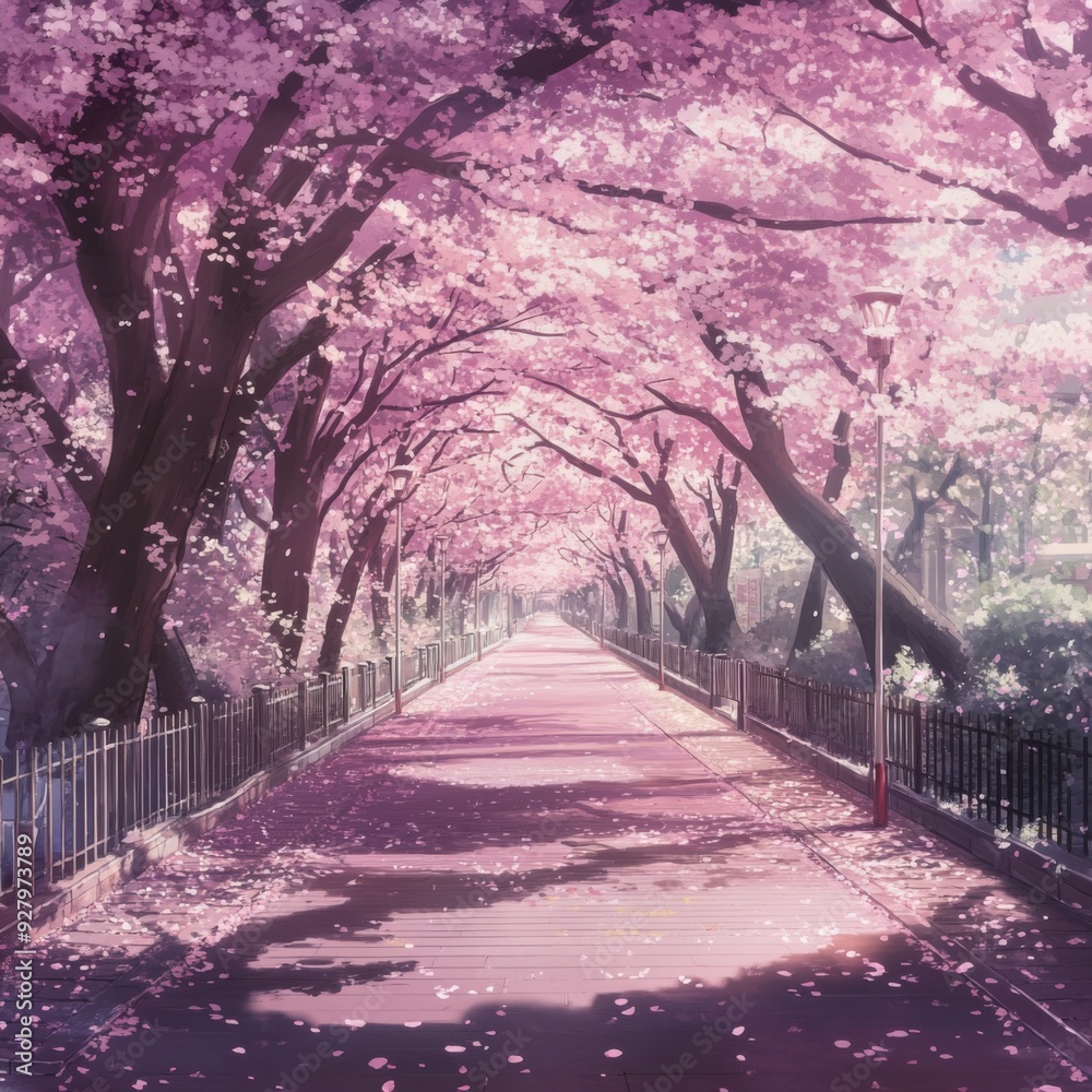 Fototapeta premium Blossom Embrace: Anime-Style Cherry Blossom Tunnel in Ueno Park, Tokyo, Echoing the Fleeting Encounter of Spring's Elegance,anime-style,illustration,Picture BooksFor Poster,Novel,UI,WEB,Game,Design