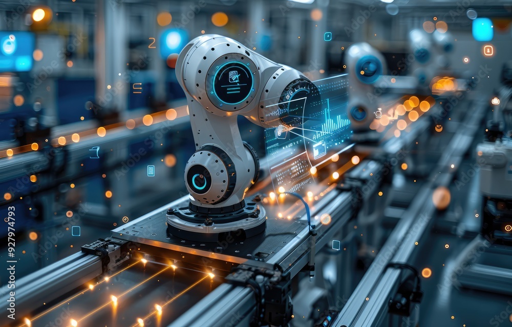 A futuristic scene of robotic arms in an industrial setting, surrounded by glowing digital data streams and icons representing advanced manufacturing technology A futuristic scene of robotic arms in an industrial setting, surrounded by glowing digital data streams and icons representing advanced manufacturing technology
