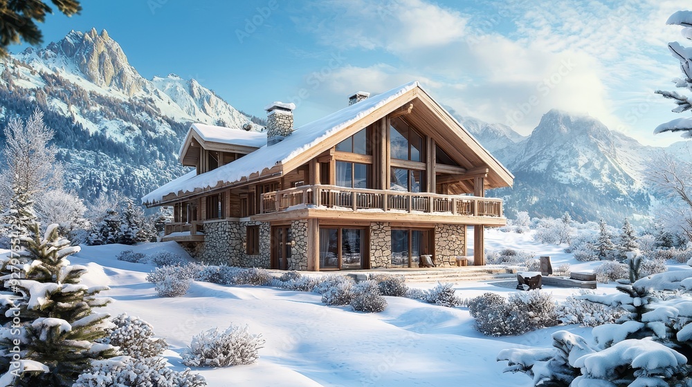 Modern Mountain Cabin in Winter Wonderland. Modern Mountain Cabin in Winter Wonderland.