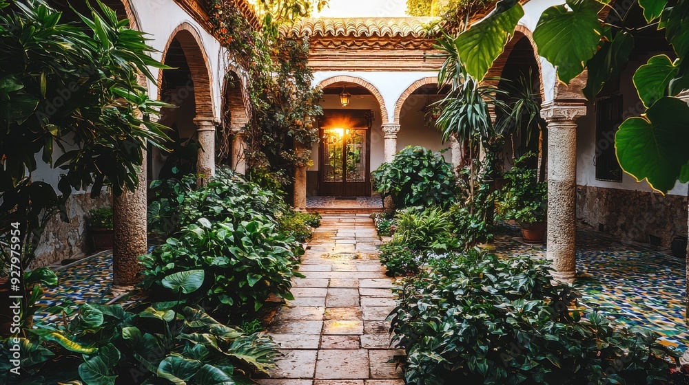 Fototapeta premium Sunlit Courtyard with Stone Arcades and Lush Greenery.