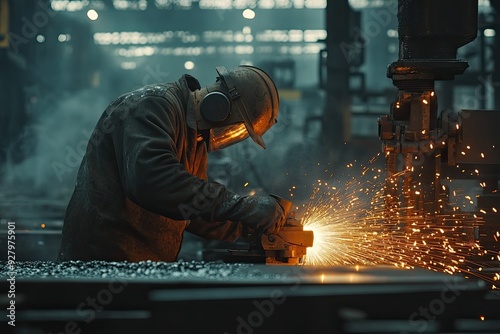 Worker in a factory uses a grinder. This image captures the intensity and danger of industrial work.