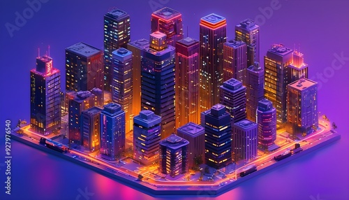 High-rise buildings in future cities flash under neon lights, showing a charming technological landscape. #927976540