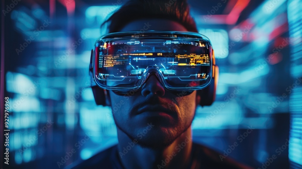 Man in virtual reality headset surrounded by digital interface. Futuristic graphic style. AI technology and innovation concept Man in virtual reality headset surrounded by digital interface. Futuristic graphic style. AI technology and innovation concept