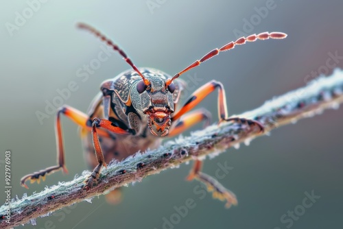 Detailed close up of a small insect on a vibrant green plant stem in macro photography