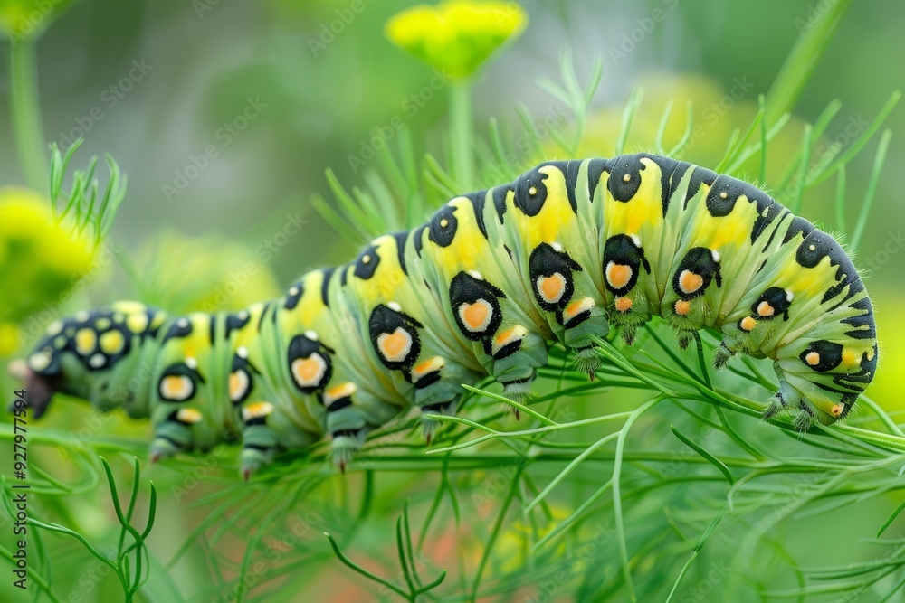 Swallowtail caterpillar perched on dill plant in a garden, natural setting with green foliage