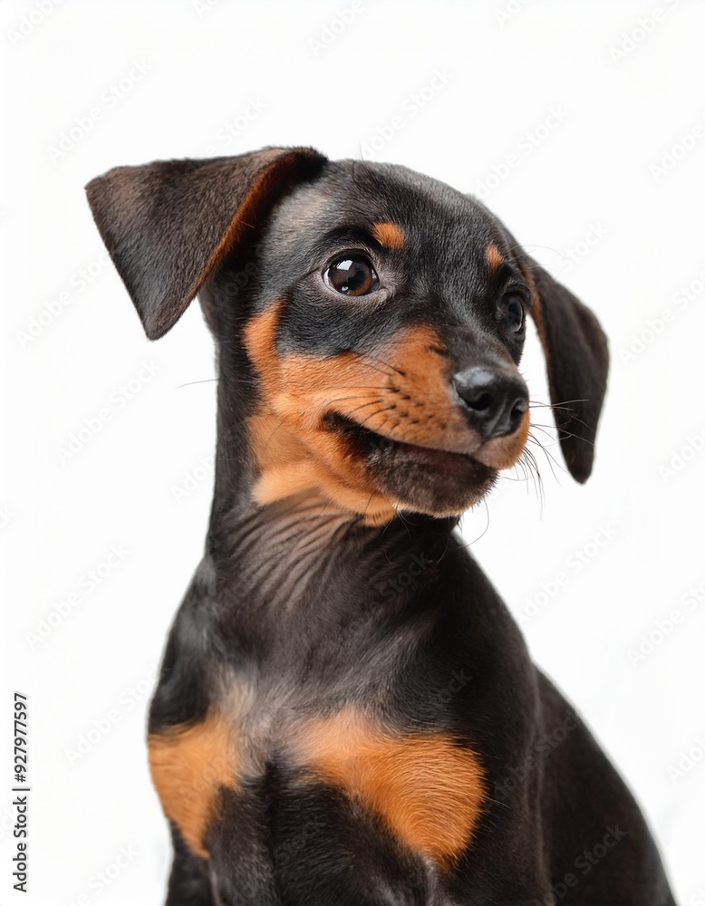 笑顔のミニチュア・ピンシャーの子犬のポートレート(Portrait of a smiling Mniature Pinscher puppy on white background)
笑顔のミニチュア・ピンシャーの子犬のポートレート(Portrait of a smiling Mniature Pinscher puppy on white background)