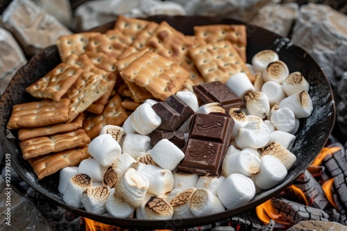 Toasted marshmallows with chocolate and graham crackers on a warm fire pit in cozy setting photo