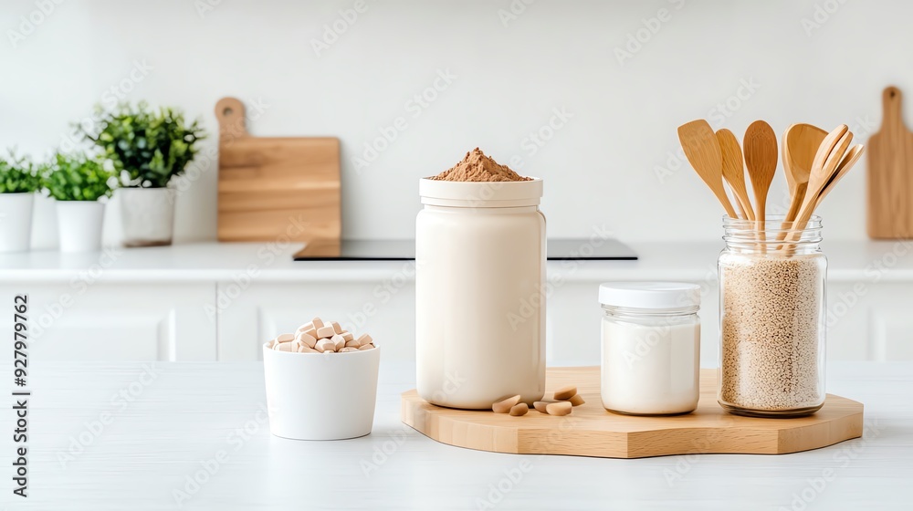 A clean kitchen setting displaying jars of ingredients and wooden utensils, perfect for cooking and healthy lifestyle imagery. A clean kitchen setting displaying jars of ingredients and wooden utensils, perfect for cooking and healthy lifestyle imagery.