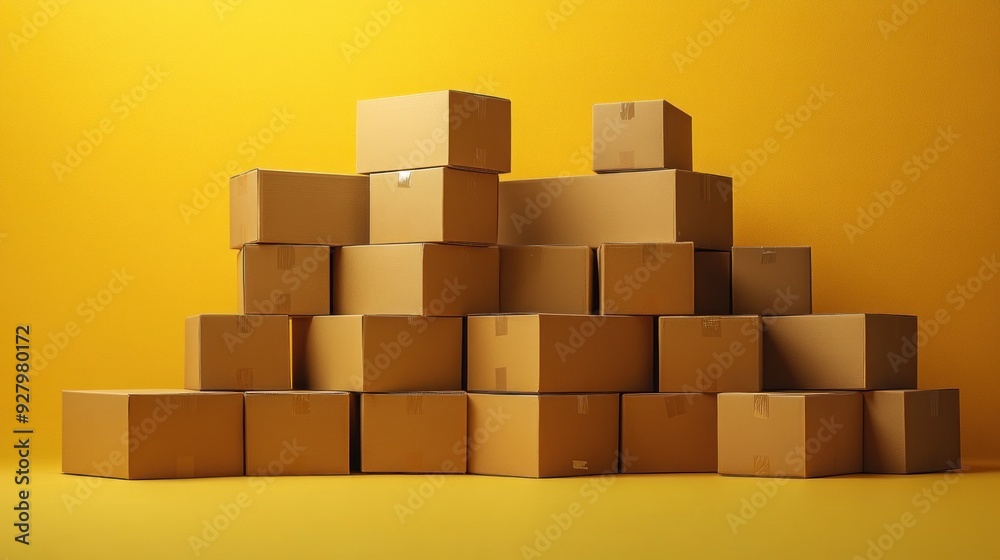 A stack of cardboard boxes is piled up against a wall. A stack of cardboard boxes is piled up against a wall.
