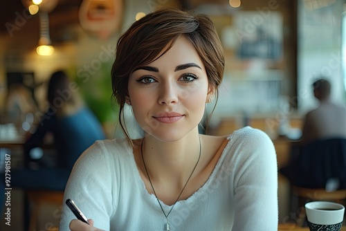 A young woman smiles at the camera while sitting at a coffee shop. This image is perfect for websites or blogs about coffee, work, or relaxation.