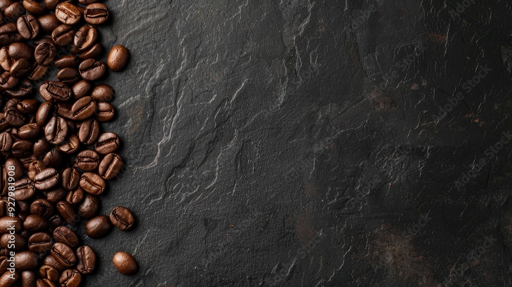 Freshly roasted coffee beans viewed from above with space for text Freshly roasted coffee beans viewed from above with space for text