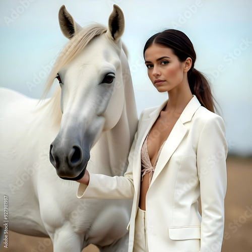 Retrato mujer con ropa blanca junto a un caballo blanco