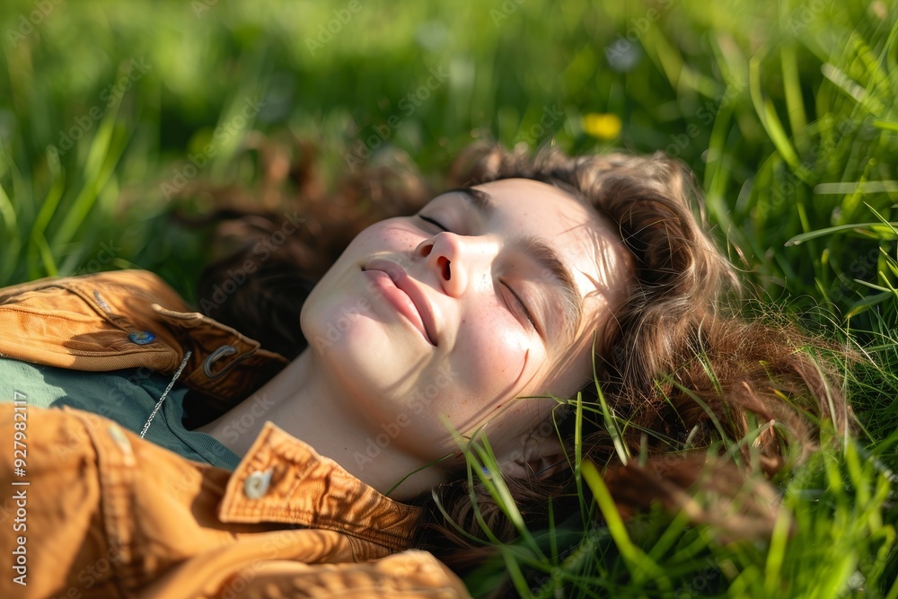 Relaxed young woman leisurely lying on lush green grass in a serene park setting Relaxed young woman leisurely lying on lush green grass in a serene park setting
