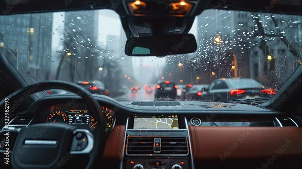 Car driving on a rainy city street, reflecting wet pavement and glowing ...