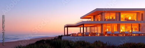 Modern beach house at sunset, showcasing architecture and coastal living.