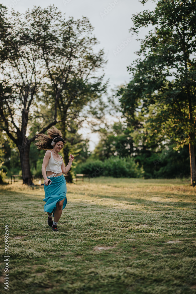 A happy young woman performs a modern dance in a sunlit park while wearing headphones. She exudes joy and energy amidst the natural greenery. A happy young woman performs a modern dance in a sunlit park while wearing headphones. She exudes joy and energy amidst the natural greenery.