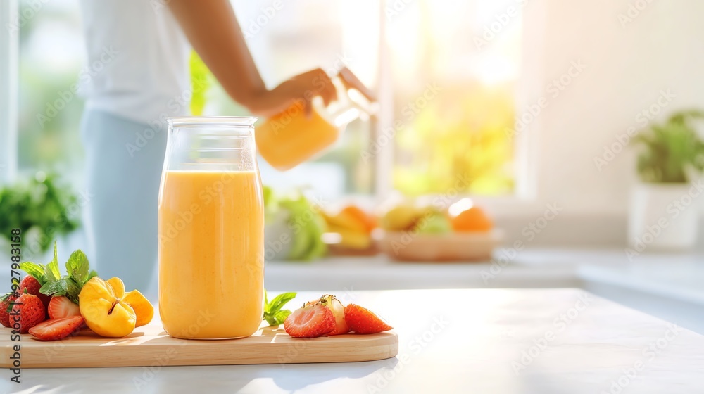 Freshly prepared orange juice in a glass jar, surrounded by colorful fruits in a bright kitchen setting. Freshly prepared orange juice in a glass jar, surrounded by colorful fruits in a bright kitchen setting.