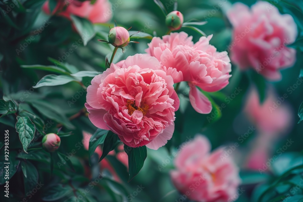 Gorgeous pink peonies blooming magnificently in a charming flower garden setting Gorgeous pink peonies blooming magnificently in a charming flower garden setting