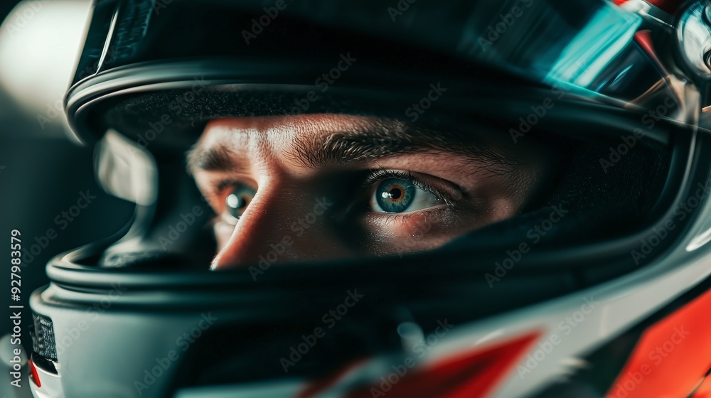 A close-up of a touring car driver’s intense expression, visible through the helmet and windshield during a race A close-up of a touring car driver’s intense expression, visible through the helmet and windshield during a race