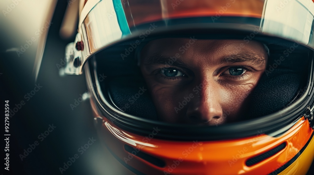 A close-up of a touring car driver’s intense expression, visible through the helmet and windshield during a race A close-up of a touring car driver’s intense expression, visible through the helmet and windshield during a race