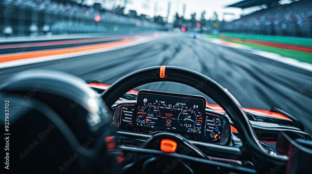 Fototapeta premium A driver's view from inside a touring car, showing the track ahead and rival cars in the rearview mirrors