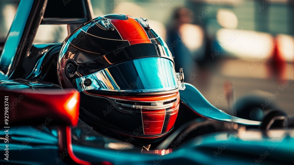 A close-up of a touring car driver’s intense expression, visible through the helmet and windshield during a race A close-up of a touring car driver’s intense expression, visible through the helmet and windshield during a race