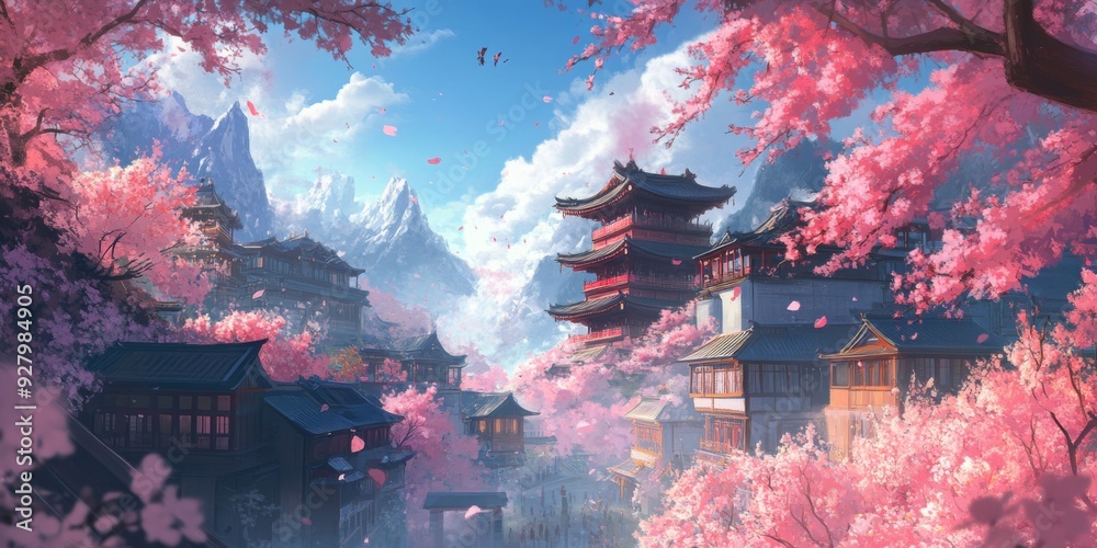 Old Anime Spring Roses Spring's Enchanted Blossom: Anime-Style Ancient City Surrounded by ...