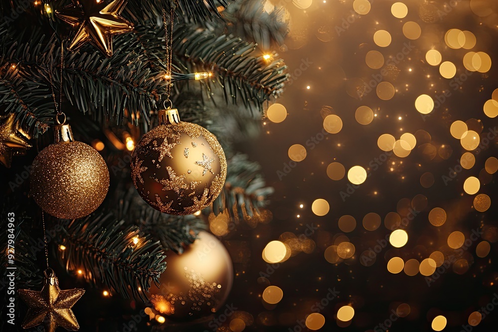 Golden Christmas ornaments hang on a tree. This image can be used for holiday-themed designs, cards, and marketing materials. Golden Christmas ornaments hang on a tree. This image can be used for holiday-themed designs, cards, and marketing materials.