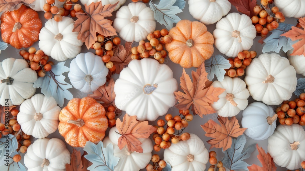A colorful arrangement of pumpkins and leaves A colorful arrangement of pumpkins and leaves