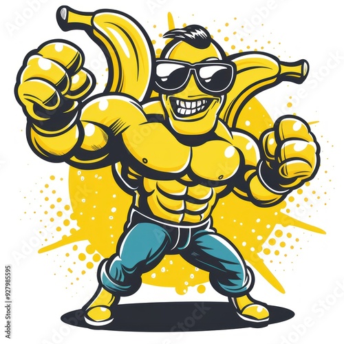 A muscular cartoon character resembling a banana, wearing sunglasses and flexing muscles. photo