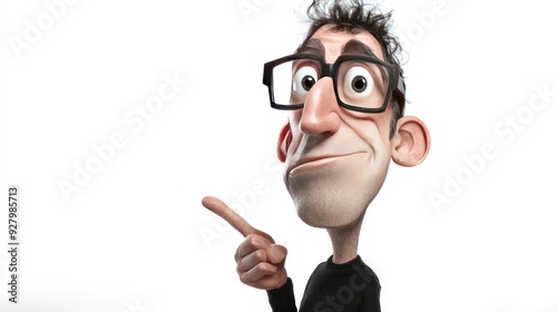 A cartoonish character with glasses, pointing and smiling, showcasing a playful demeanor.