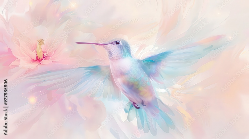 Fototapeta premium A colorful hummingbird is flying over a pink flower