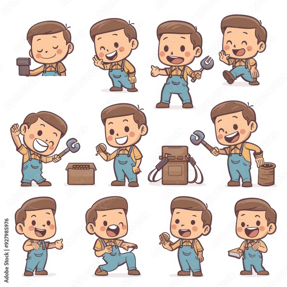 A collection of cartoon characters depicting a cheerful handyman in various poses and activities. A collection of cartoon characters depicting a cheerful handyman in various poses and activities.