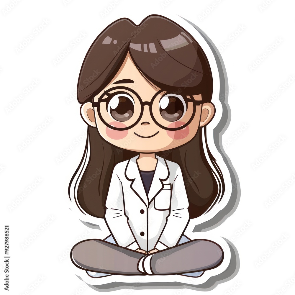 A cute cartoon character of a female scientist in a lab coat, sitting cross-legged. A cute cartoon character of a female scientist in a lab coat, sitting cross-legged.
