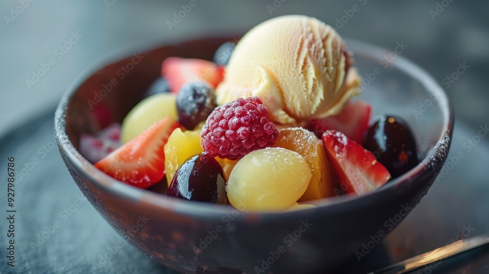 A vibrant fruit salad topped with creamy ice cream in a rustic bowl. A vibrant fruit salad topped with creamy ice cream in a rustic bowl.