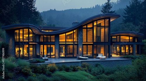 A modern house with large windows, surrounded by nature, illuminated in the evening.
