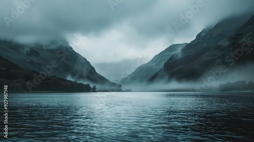 A still lake nestled between fog-shrouded mountains.