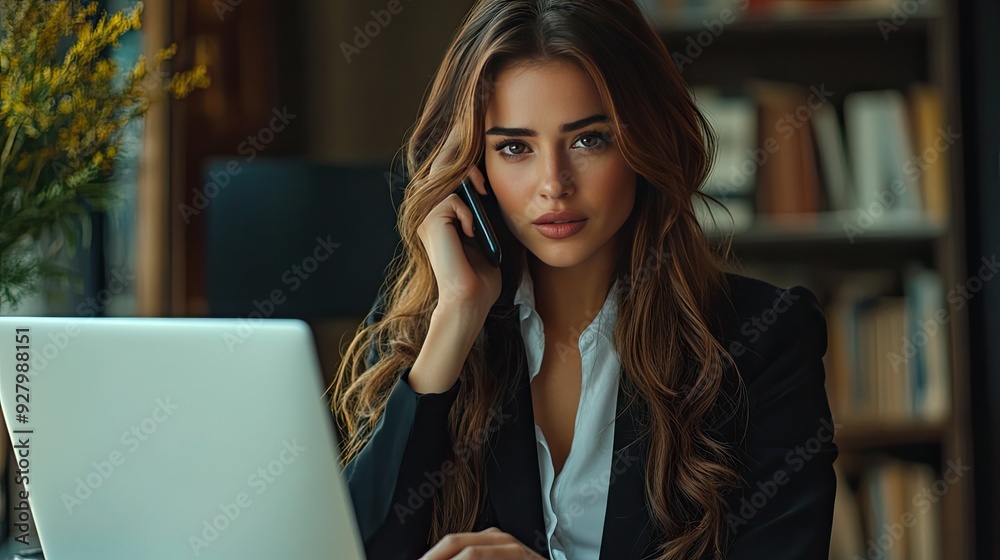 Woman in black jacket on phone call. Perfect for articles about business or communication. Woman in black jacket on phone call. Perfect for articles about business or communication.