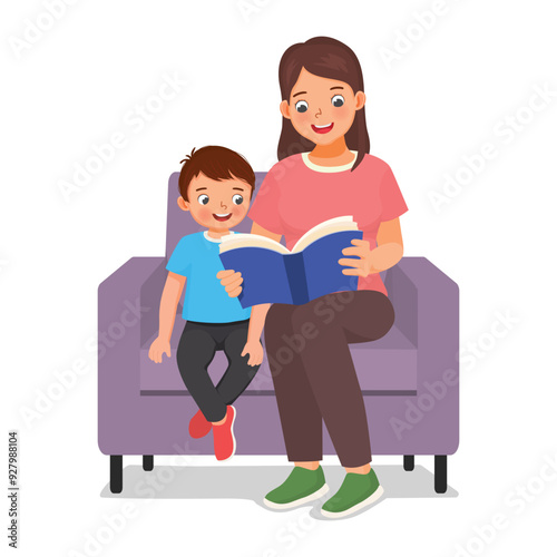 Mother read book with her son sitting on couch