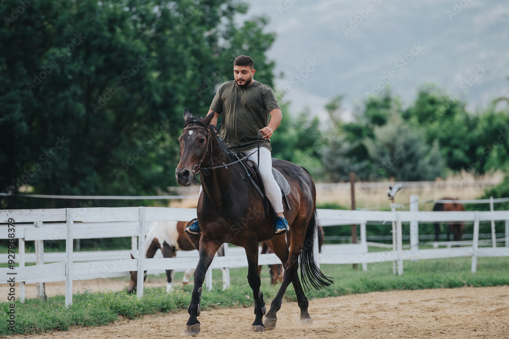 Man enjoying horseback riding at an outdoor equestrian facility surrounded by lush greenery and scenic mountains. Man enjoying horseback riding at an outdoor equestrian facility surrounded by lush greenery and scenic mountains.