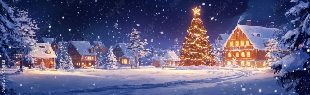 Obraz premium Silent Night Cinema: anime-style Enchanted Snowy Outdoor Movie Night on Christmas Eve, A Whimsical Twist on Classic Holiday Films for the 2025 New Year Festive Season,Anime-Style,illustration,Picture